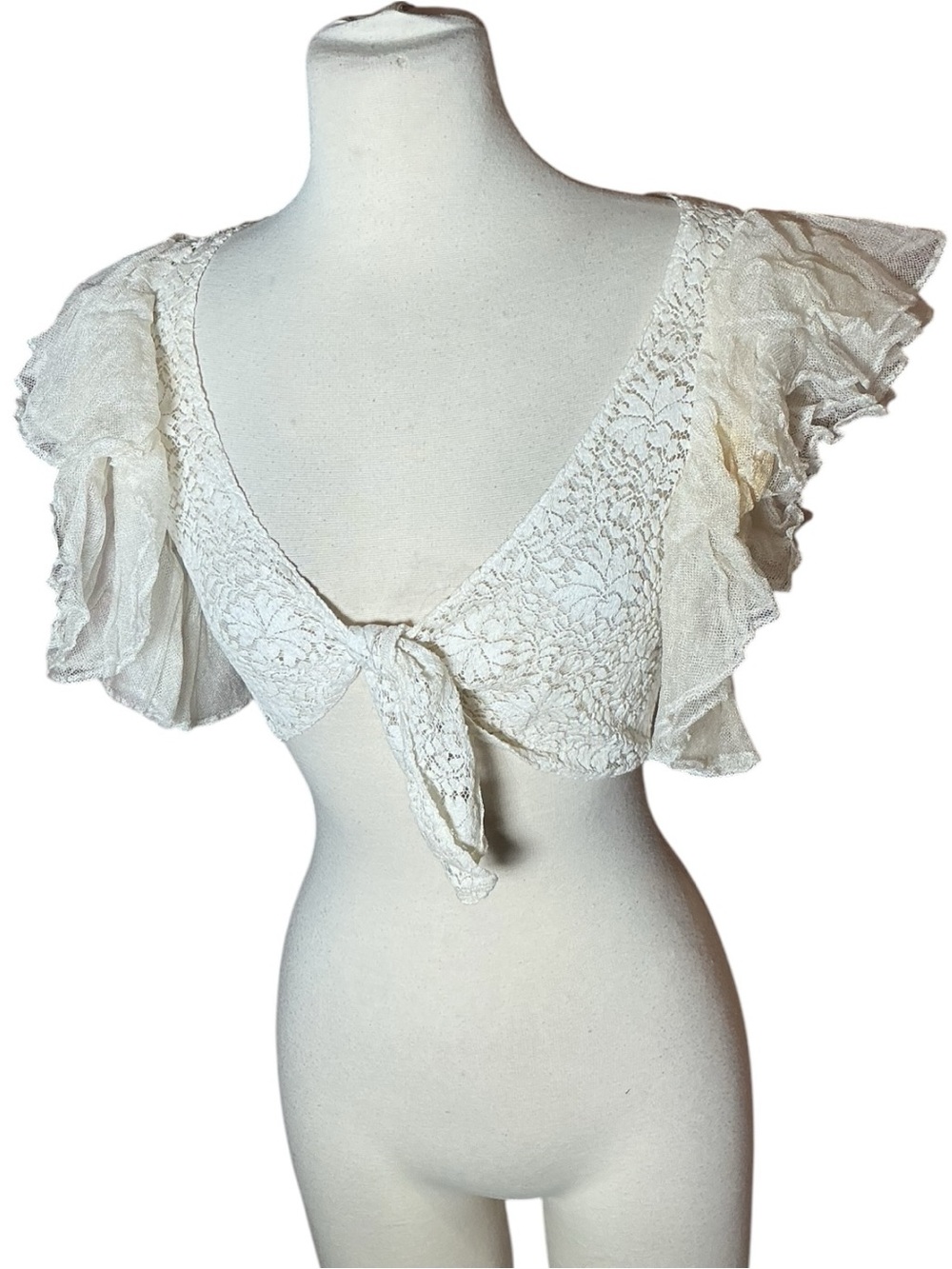 y2k Handmade Sheer Mesh White Lace Ruffle Sleeve Wrap Tie Crop Top